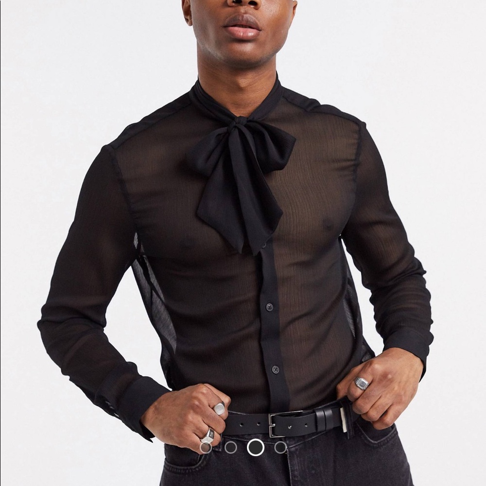 Regular fit sheer pussybow shirt in black